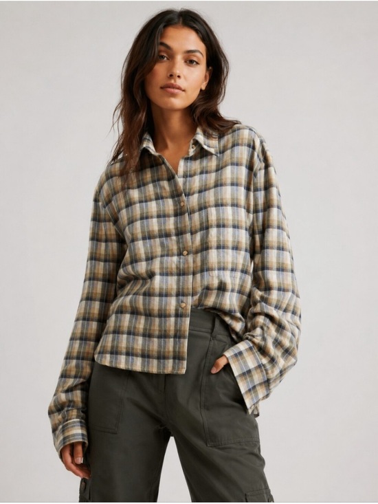 TWP Tops - Relaxed Plaid Button-Down Shirt in Beige and Olive